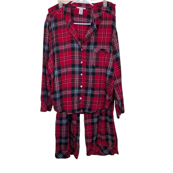 VICTORIA'S SECRET RED METALLIC PLAID SHIMMER FLANNEL PAJAMAS SET LARGE - Picture 1 of 12